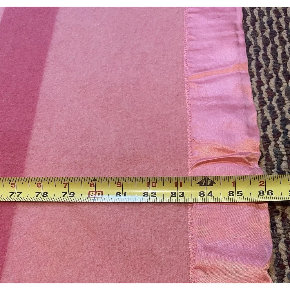 Vtg Baron Woolen Mills Wool Blanket Pink White Stripe Satin Trim 70